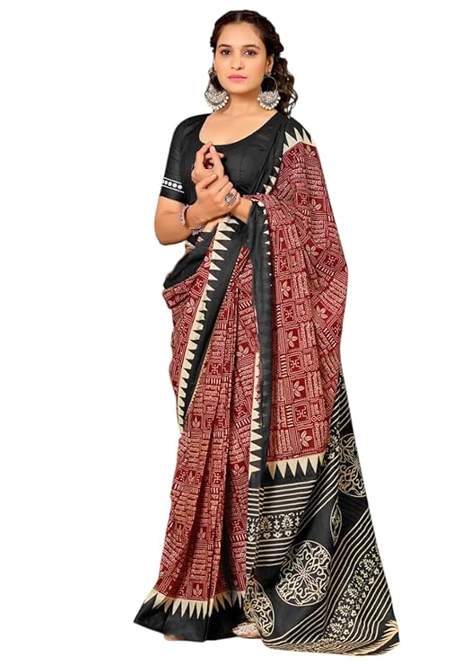 RADHA LAKSHMI Pure Cotton Mulmul Saree, Hand Block Printed Ikkat Pattern,With Unstitched Blouse Piece