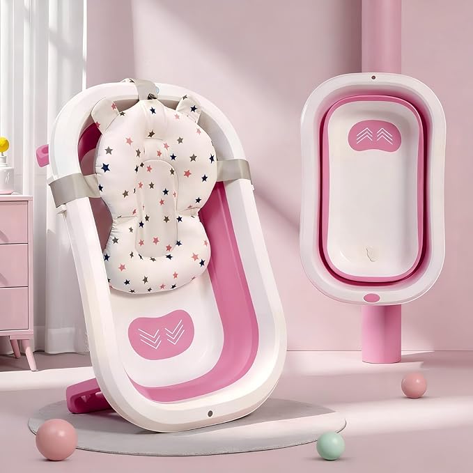 Bath Tub for Baby 0-3 Years/Foldable Bath tub for Kids with Cushion, Space Saving Design, Newborn Baby Folding Bathing Tub Girls & Boys, Easy to Store -Brown