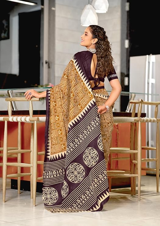 RADHA LAKSHMI Pure Cotton Mulmul Saree, Hand Block Printed Ikkat Pattern,With Unstitched Blouse Piece