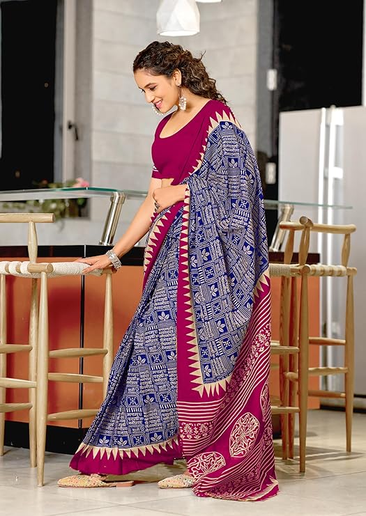 RADHA LAKSHMI Pure Cotton Mulmul Saree, Hand Block Printed Ikkat Pattern,With Unstitched Blouse Piece