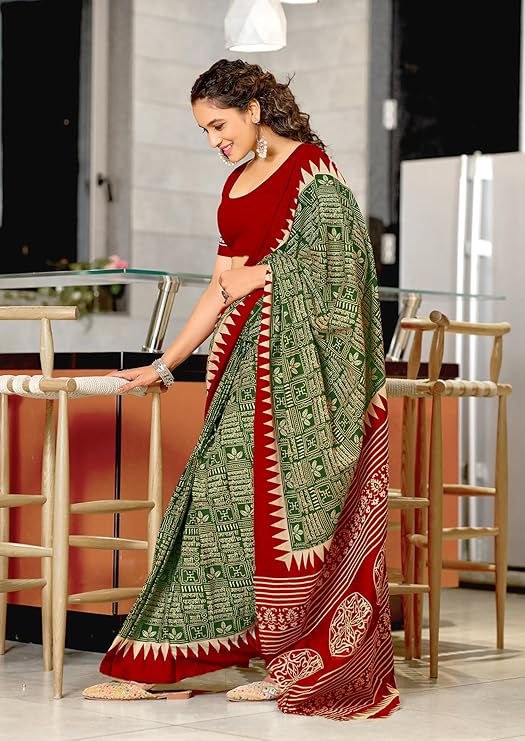 RADHA LAKSHMI Pure Cotton Mulmul Saree, Hand Block Printed Ikkat Pattern,With Unstitched Blouse Piece